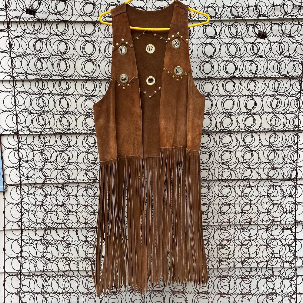 Vintage 70s Shepler's Pioneer Wear Brown Suede Stud Rivet Fringe Western Vest M
